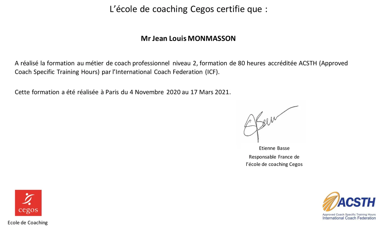 Certification de coaching professionnel - Jean-Louis Monmasson